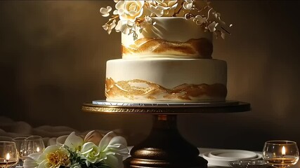 Elegant two-tier wedding cake adorned with white roses and orchids on a decorative stand
