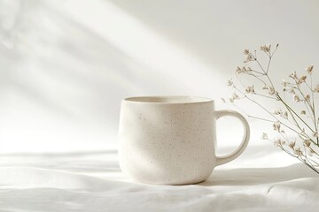 Simple, stylish cream-colored mug on a white surface, with natural light and dried flowers