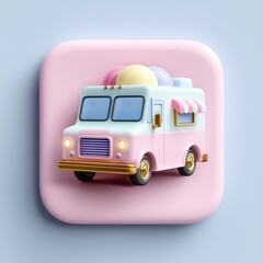 3D Rendering A cute pink ice cream truck icon with colorful scoops on top, set against a soft background. Sosial media style icon