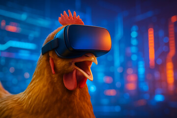 A high resolution image of a hen wearing a VR headset with a full of enjoyment, vibrant tech-related color composition, Generative Ai