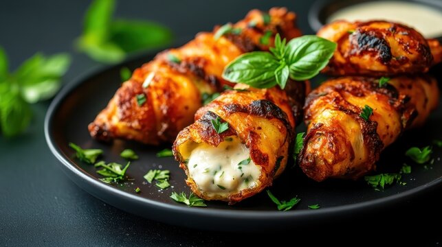 Delicious and appetizing stuffed chicken rolls presented on a dark plate, garnished with fresh basil, emphasizing culinary creativity and flavor.