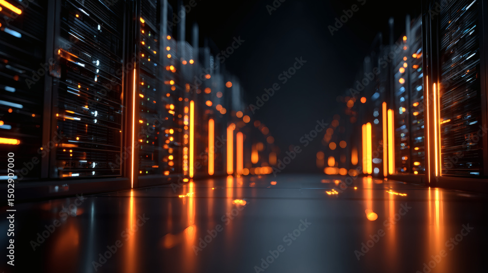 Aufkleber a futuristic server room with glowing orange and blue lights illuminating sleek data racks in a high