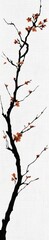 A stylized, black-ink drawing of a branch with small, reddish blossoms