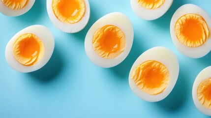 The image features an array of halved boiled eggs showcasing vivid yolks, set against a contrasting light blue background, emphasizing culinary beauty and simplicity.