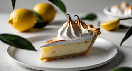 A slice of lemon meringue pie with fresh lemons and green leaves on a white table.