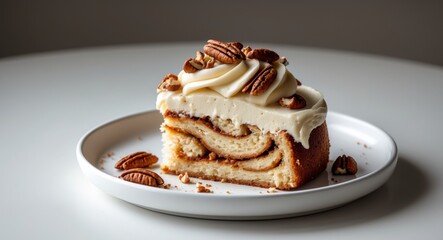 Delicious Slice of Cinnamon Roll Cake with Cream Cheese Frosting and Pecans.