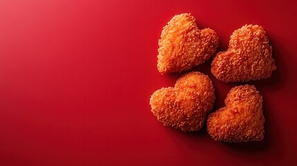 An appealing set of heart-shaped nuggets arranged playfully against a vibrant red background, making it ideal for themed culinary products or promotional uses.
