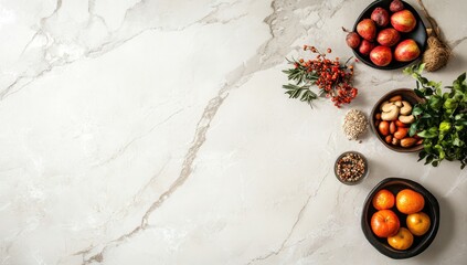 Assorted fruits and nuts arranged on a marble surface.  Healthy snack options, including apples, tangerines, nuts, seeds, and herbs