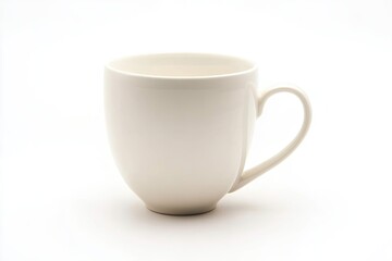 Empty white ceramic mug, smooth surface, simple design, round body, handle