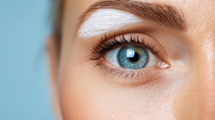 Obraz premium This captivating close-up showcases a stunning eye with colorful makeup, featuring striking eyebrow detailing and a unique artistic flair, perfect for beauty and makeup enthusiasts.