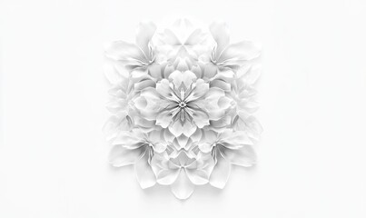 Symmetrical, white flower design,  detailed layered petals,  centered on a plain background