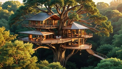 Multi-level treehouse nestled in a forest. Wooden structures with large windows, offering stunning views of the surrounding nature. Sunlight streams through the leaves, creating a magical atmosphere.