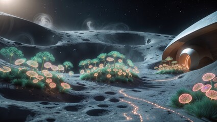 Glowing flora illuminates a lunar landscape, near a futuristic habitat. An otherworldly scene of serenity and mystery.