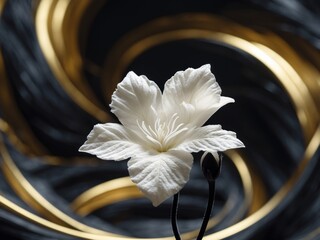 White Clematis Bloom with Golden Swirls on Abstract Dark Background, Elegant Still Life.