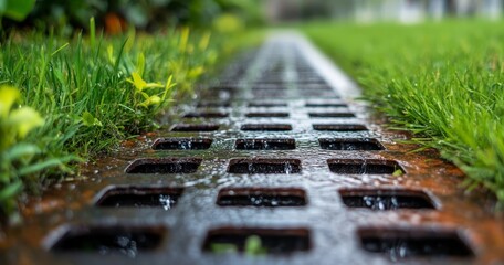 Rusty Metal Drainage Grate in Green Grass