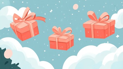 Three light coral-colored gift boxes float amidst pastel-blue clouds and scattered stars.  A gentle, festive feel