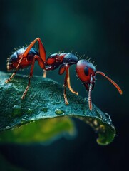 Close-up photograph of a red ant on a green leaf. the ant is facing towards the right side of the image and its body is elongated and pointed.