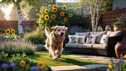 Golden Retriever runs through a vibrant garden, sunflowers blooming in the background. A wicker sofa with dog-themed pillows adds to the cheerful scene.