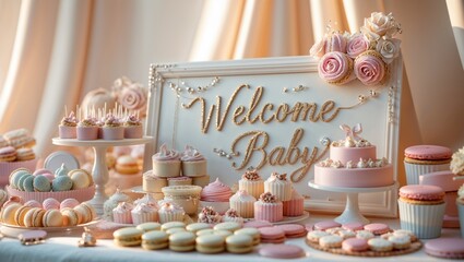 A delightful array of pastel-colored cupcakes, macarons, and a two-tiered cake grace a table, adorned with a sign reading "Welcome Baby." A perfect spread for a baby shower.