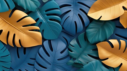 Colorful Arrangement of Tropical Leaves in Blue and Gold Tones