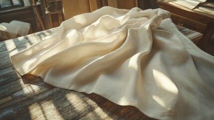 White cloth draped on a wooden table in a simple indoor setting