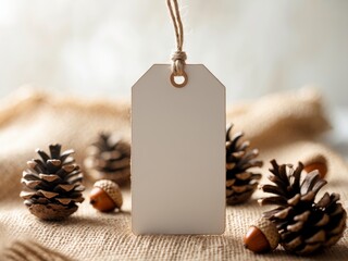 Blank Tag Mockup with Pine Cones and Acorns on Burlap Background, Ready for Text