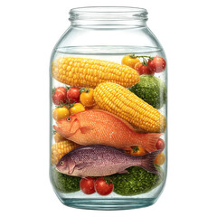 Low sodium and inactive lifestyle in plaque buildup concept. Vibrant jar filled with fresh fish and colorful vegetables.