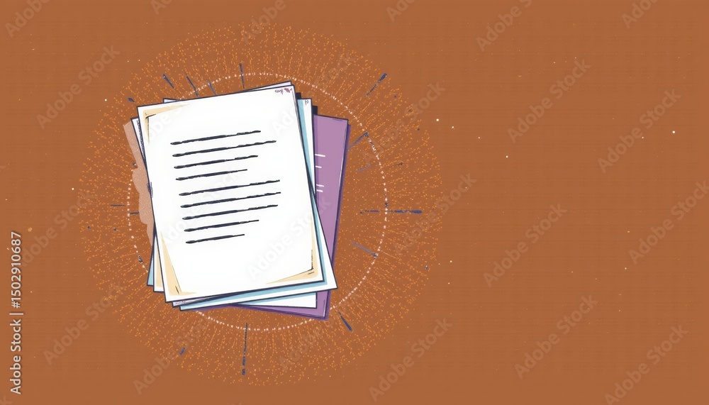Poster stack of papers on a textured background.