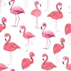 Seamless pattern with watercolor tropical pink flamingo birds. Hand painted jungle paradise background perfect for textile and scrapbooking