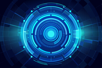 Futuristic abstract technology background featuring glowing concentric circles, radial lines, and blue neon dots on a dark gradient backdrop. Ideal for high-tech