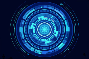 Fototapeta premium Futuristic abstract technology background featuring glowing concentric circles, radial lines, and blue neon dots on a dark gradient backdrop. Ideal for high-tech