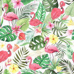 Seamless pattern with watercolor tropical pink flamingo birds exotic flowers. Hand painted jungle paradise background perfect for textile and scrapbooking