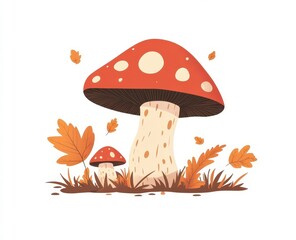 Whimsical Autumn Mushroom Illustration with Red Caps and Fall Leaves