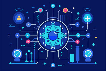 Futuristic abstract technology background featuring glowing concentric circles, radial lines, and blue neon dots on a dark gradient backdrop. Ideal for high-tech