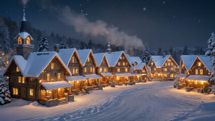 Fototapeta premium Magical Snow-Covered Christmas Village at Night with Glowing Windows and Chimney Smoke, Soft Falling Snow and Warm Holiday Lights in a Fairy-Tale Winter Scene