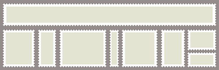 Post stamps. Empty stamps set. Postal shapes border. Blank frames for mail letter. Postage perforated templates. Collection paper postmarks isolated on background. Vector illustration. Flat design.