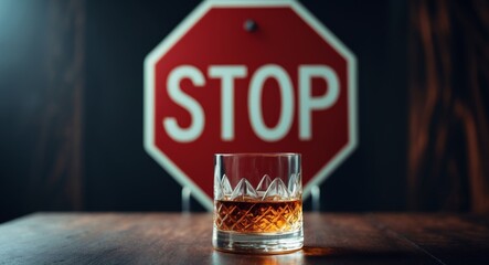 Stop Drinking. A Glass of Whiskey with a Red Stop Sign in the Background.