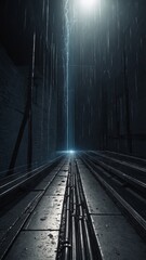 Narrow alley with glowing light and falling rain