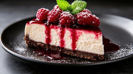 This mouthwatering cheesecake features creamy layers topped with fresh raspberries, raspberry sauce, and mint leaves, perfect for dessert lovers and special occasions.