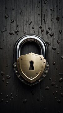 Brass and chrome padlock on wet wooden surface