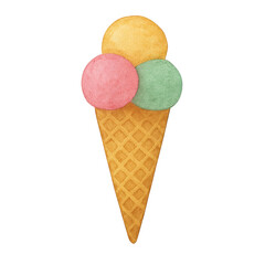 Whimsical Watercolor Ice Cream Cone: A playful ice cream cone topped with three scoops of pastel-colored delight, rendered in soft watercolor style.
