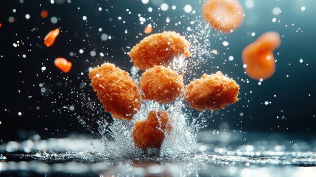 An action shot of crispy fried chicken bites splashing into water, capturing motion and excitement, symbolizing fun dining experiences and the joy of indulgent fast food moments.