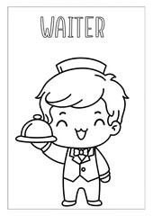 Funny cartoon vector illustration of a smiling boy chef holding a tray with a menu