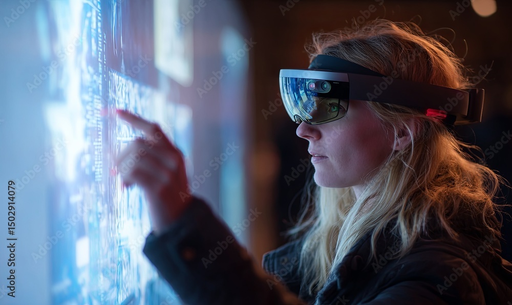 Poster woman interacting with augmented reality display in a modern setting