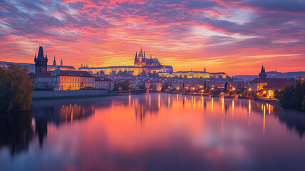 Sunset over historic town with river, useful for tourist and cultural presentations.