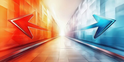 Abstract Representation of Contrasting Choices With Arrows Pointing in Opposite Directions in a Vibrant Environment