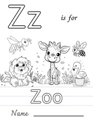 Funny animal cartoon coloring alphabet illustration for children's drawing book