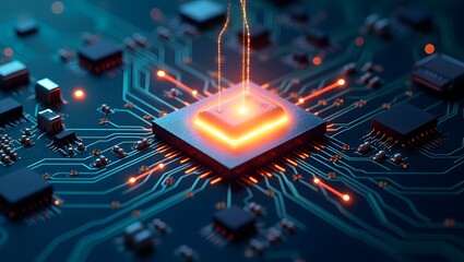 Glowing Microchip Powering a Circuit Board with Electrical Current Flow