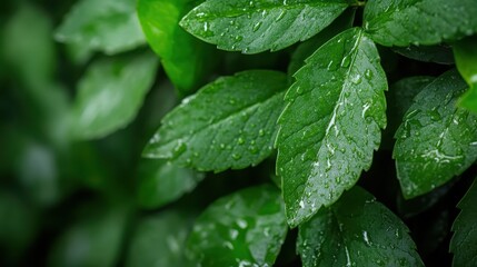 A close-up shot of lush green leaves adorned with water droplets, symbolizing freshness, rejuvenation, and the beauty of nature's intricate details.