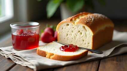Freshly Baked Bread with Strawberry Jam on Rustic Wooden Table